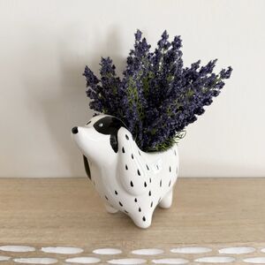 Adorable Black Spotted Ceramic Dog Planter Faux Purple Flowers - Cute Home Decor